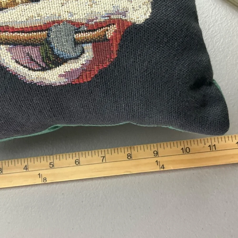 Vintage Christmas Santa Claus Black Tapestry Needlepoint Throw Pillow Green Back